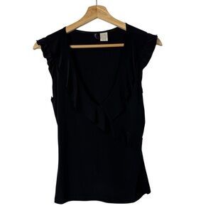 Vintage Star City Black Ruffle Front V-Neck Tank Top M